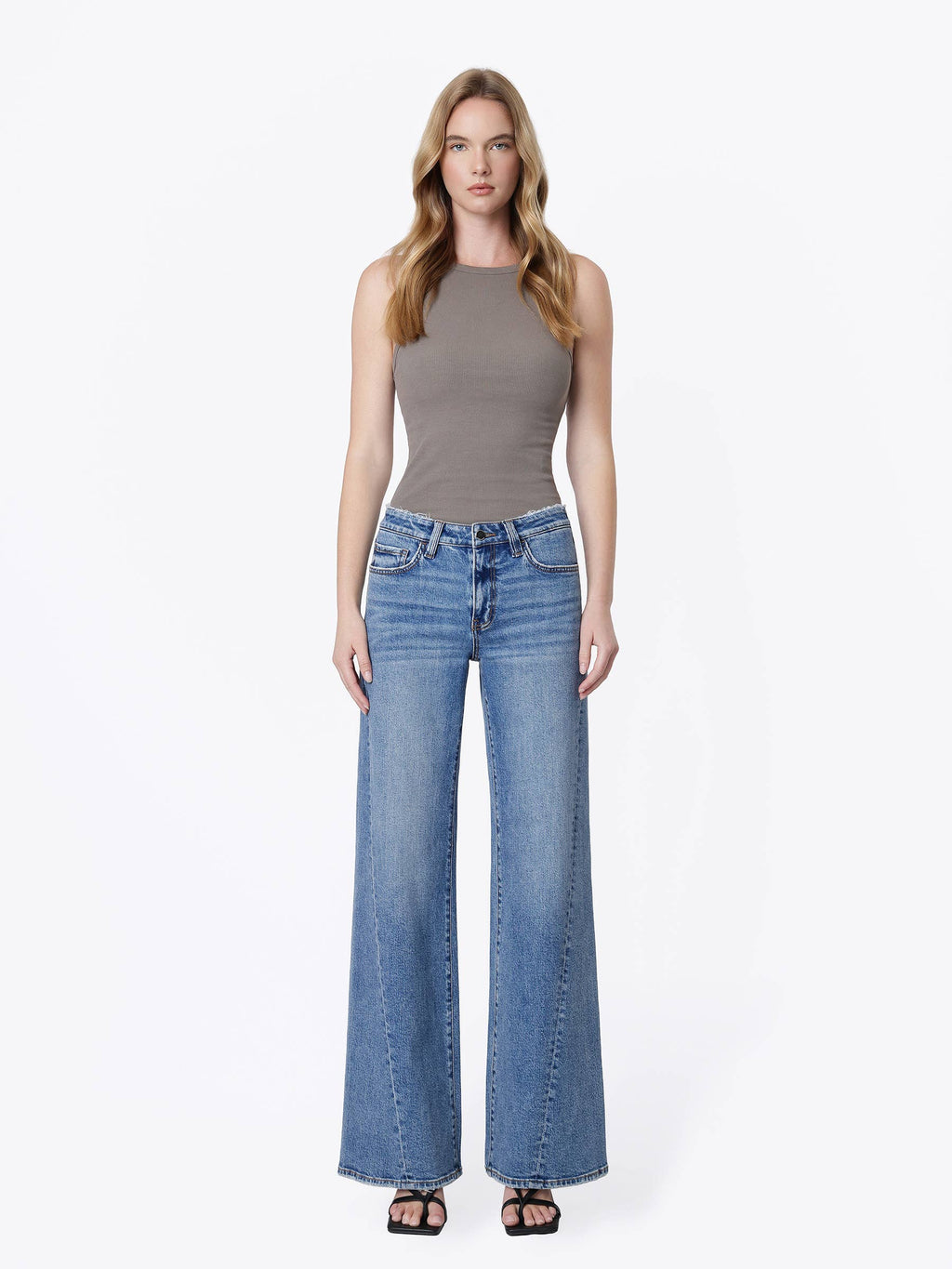 Mid Rise Distressed Waistband Twisted Wide Jeans