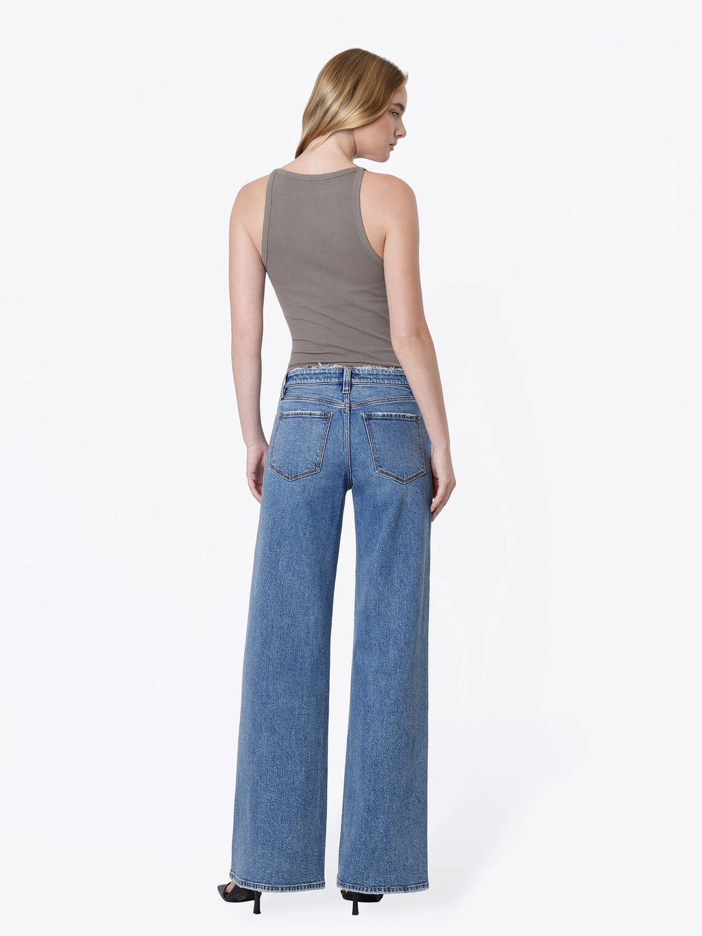 Mid Rise Distressed Waistband Twisted Wide Jeans