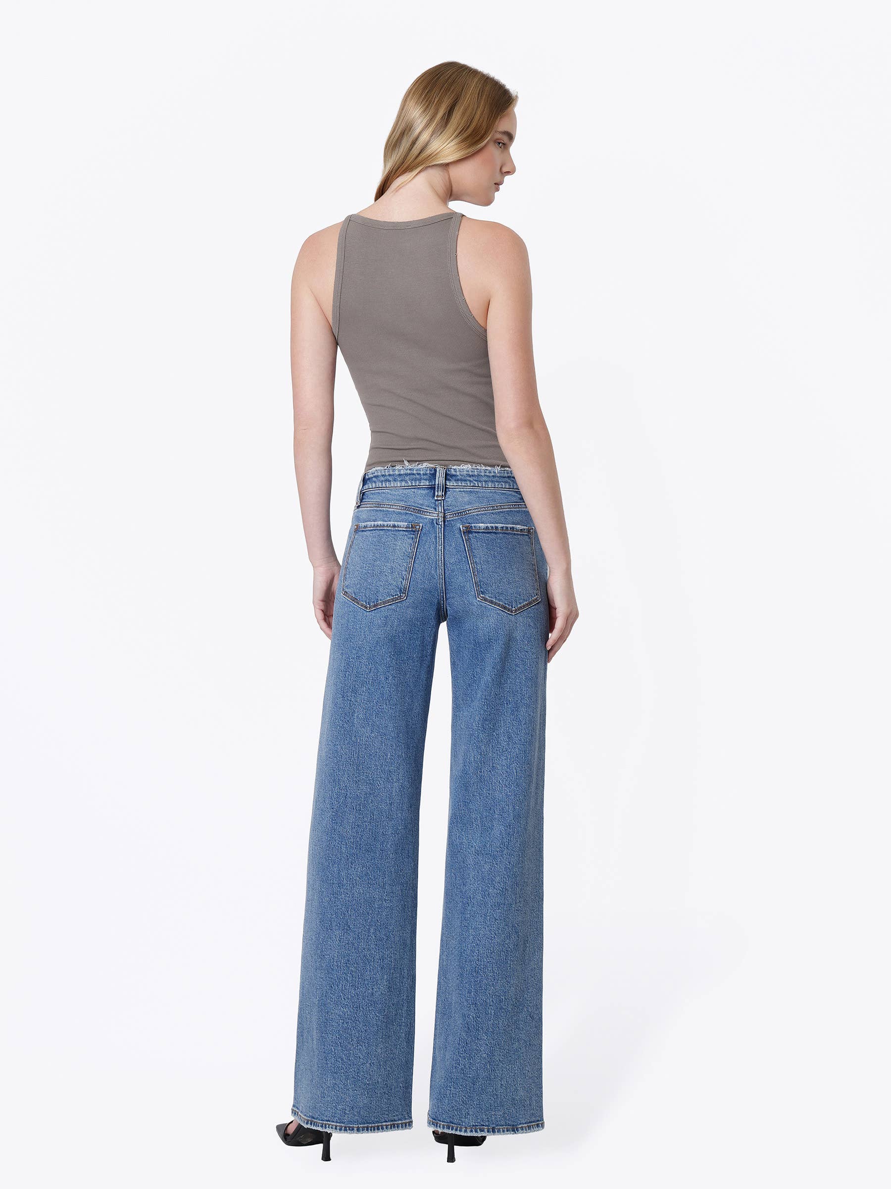 Mid Rise Distressed Waistband Twisted Wide Jeans