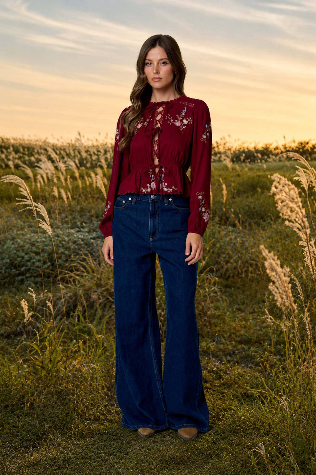 Floral Embroidery Crochet Lace Trim Front Tie Top