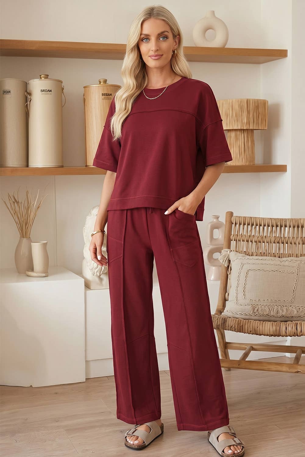 Short Sleeve Top and Wide Leg 2pcs Lounge Set