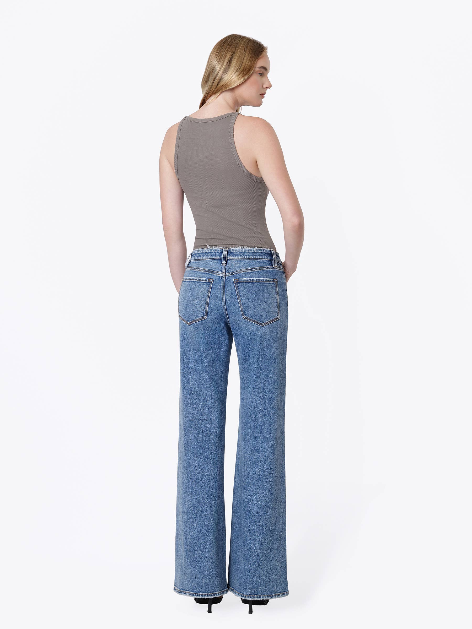Mid Rise Distressed Waistband Twisted Wide Jeans