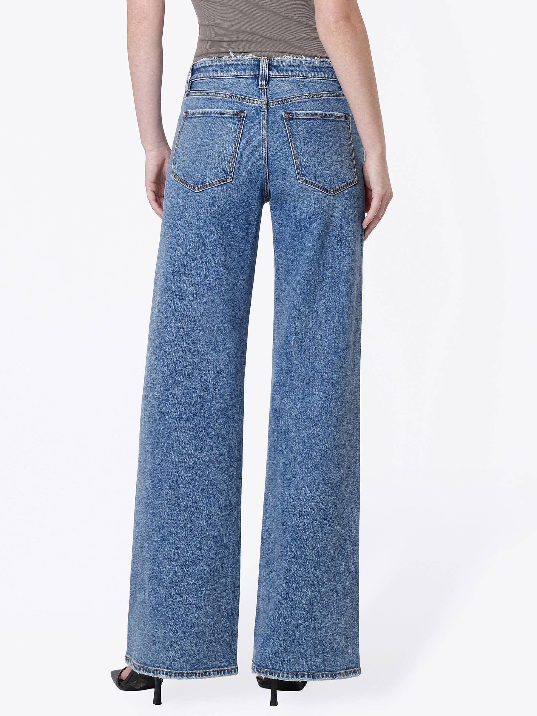 Mid Rise Distressed Waistband Twisted Wide Jeans
