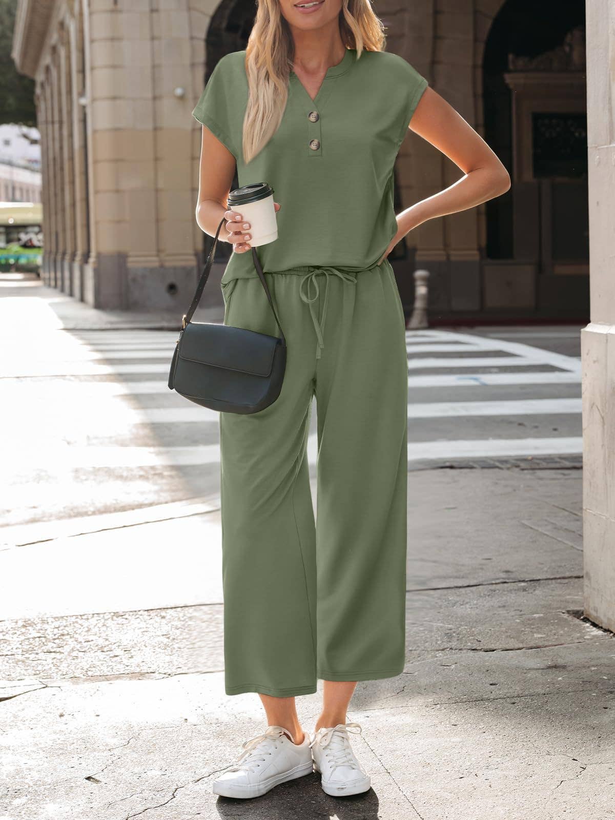 Button Front Short Sleeve Top and Wide Leg Pants Set