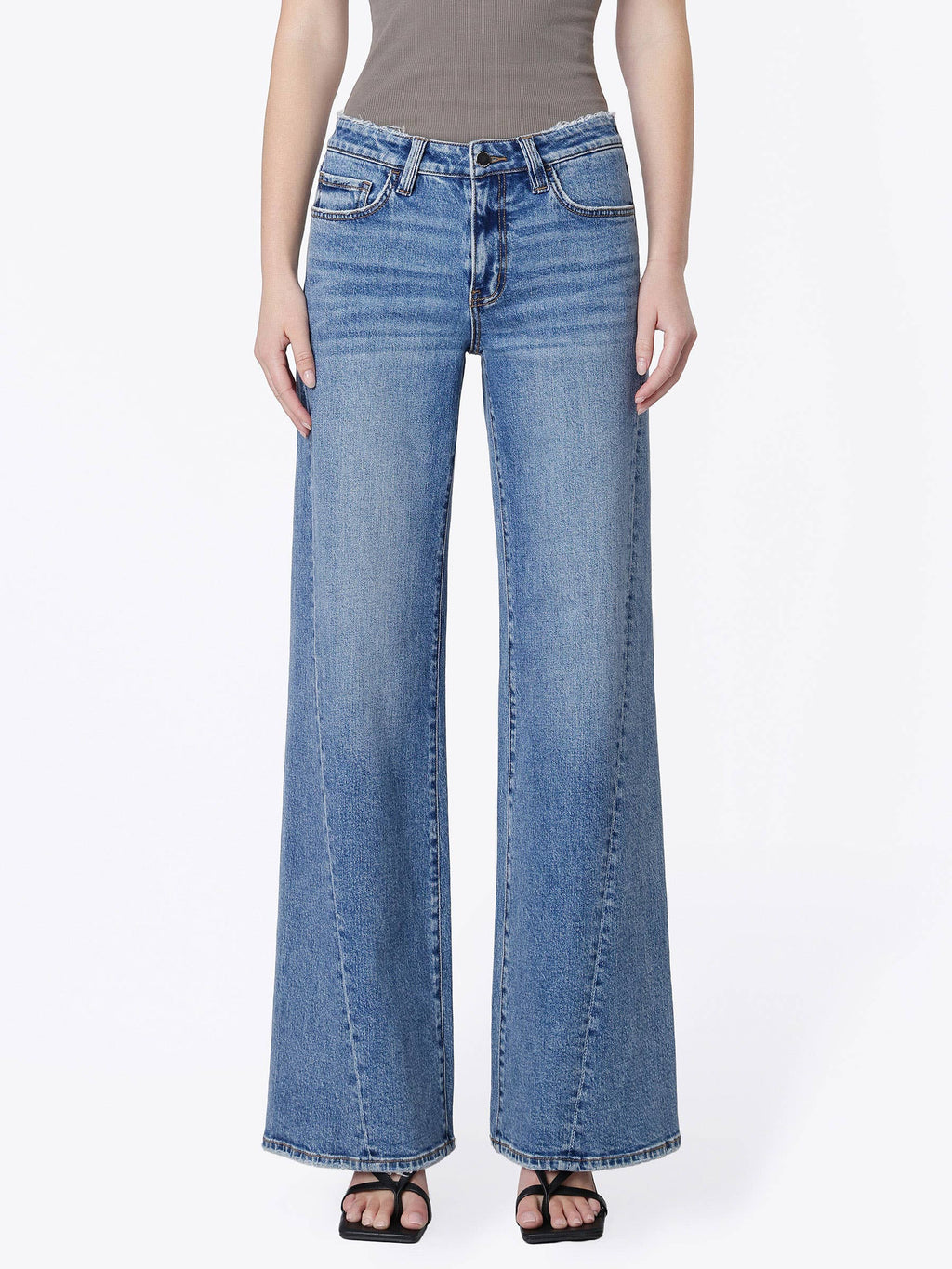 Mid Rise Distressed Waistband Twisted Wide Jeans