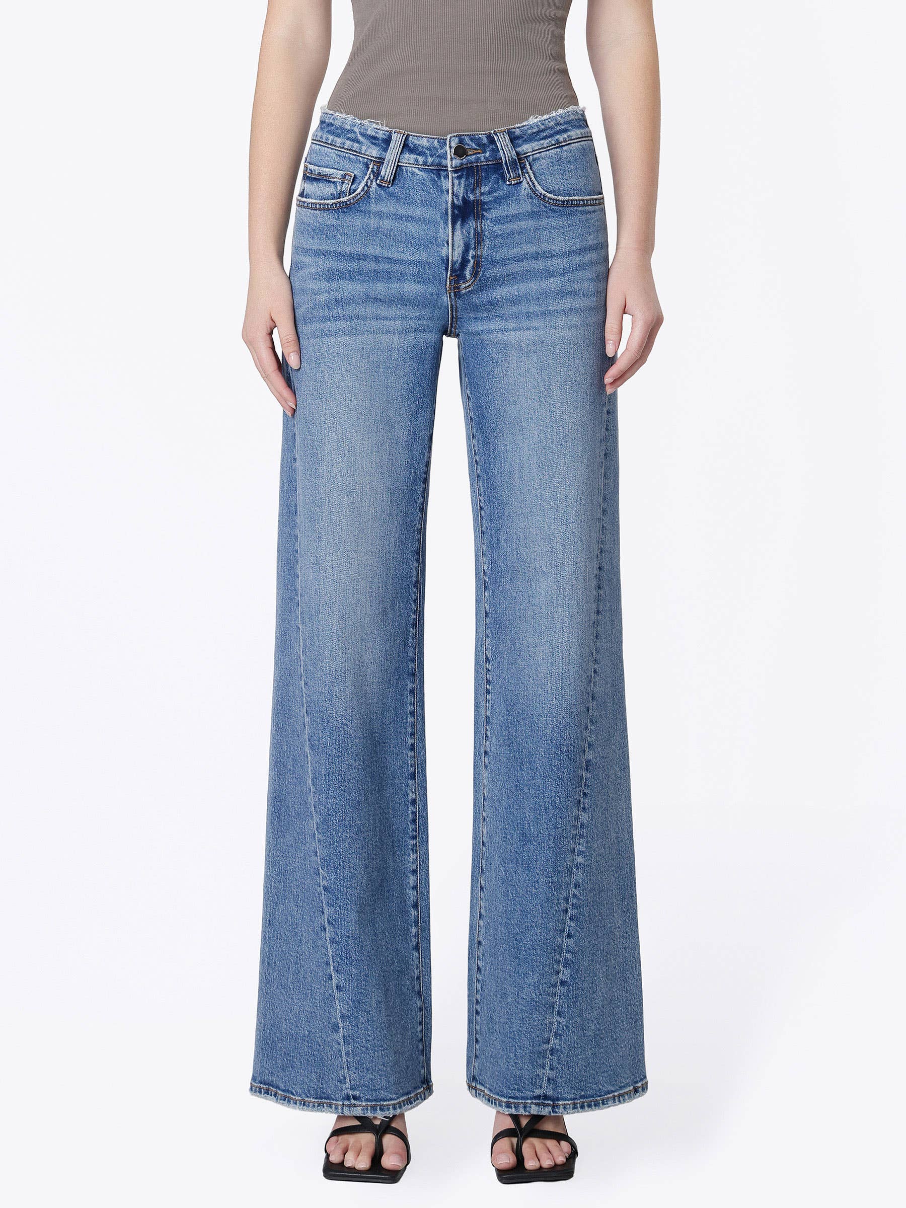 Mid Rise Distressed Waistband Twisted Wide Jeans