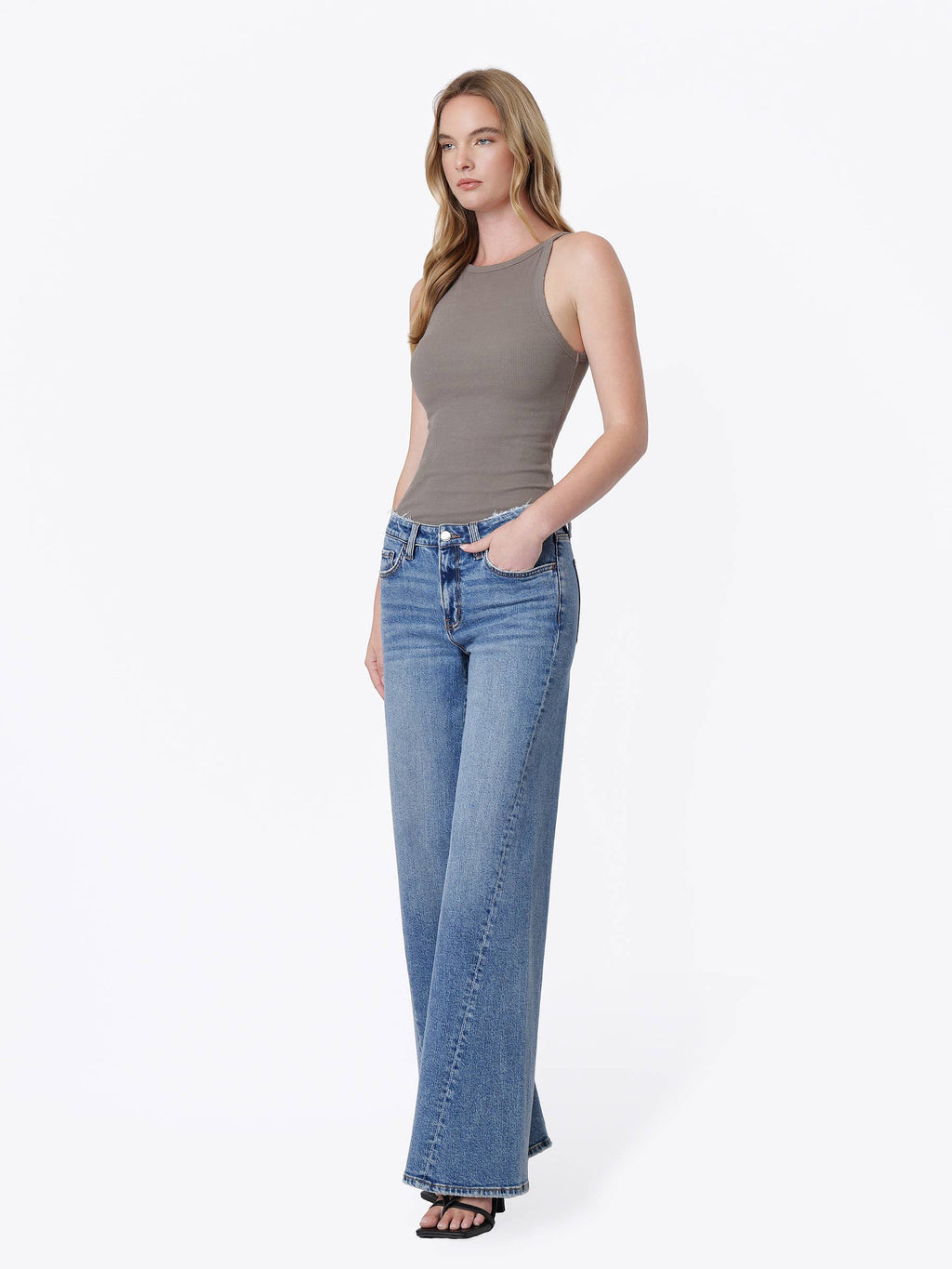Mid Rise Distressed Waistband Twisted Wide Jeans