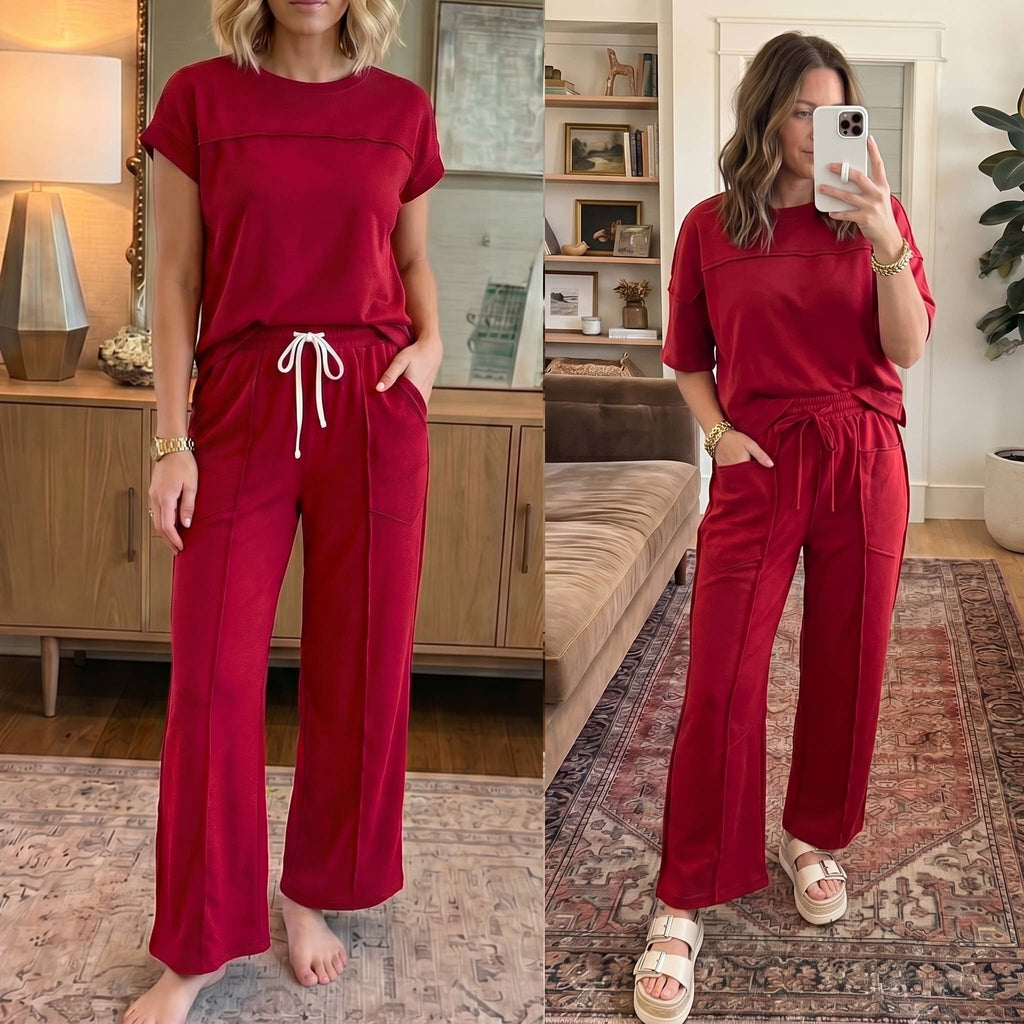 Short Sleeve Top and Wide Leg 2pcs Lounge Set