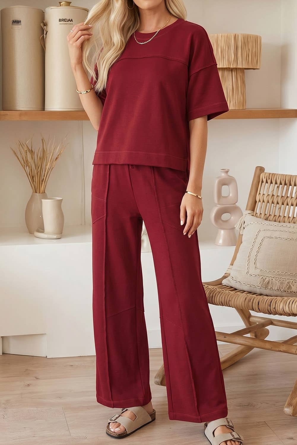 Short Sleeve Top and Wide Leg 2pcs Lounge Set