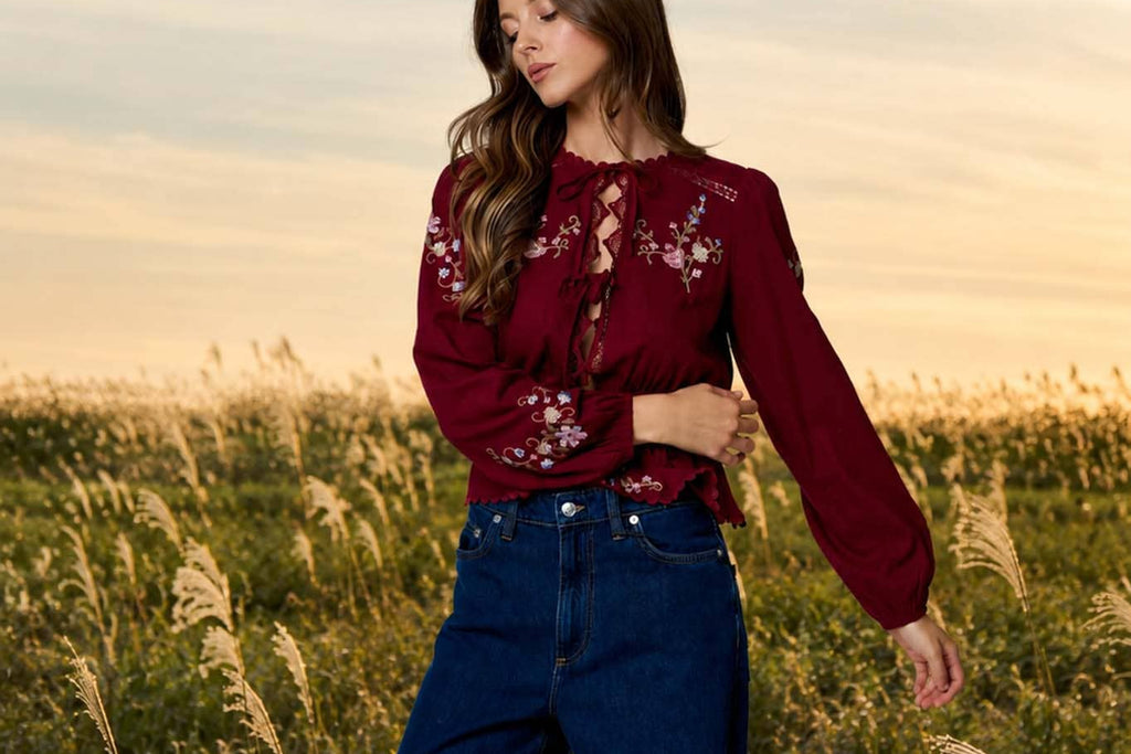 Floral Embroidery Crochet Lace Trim Front Tie Top