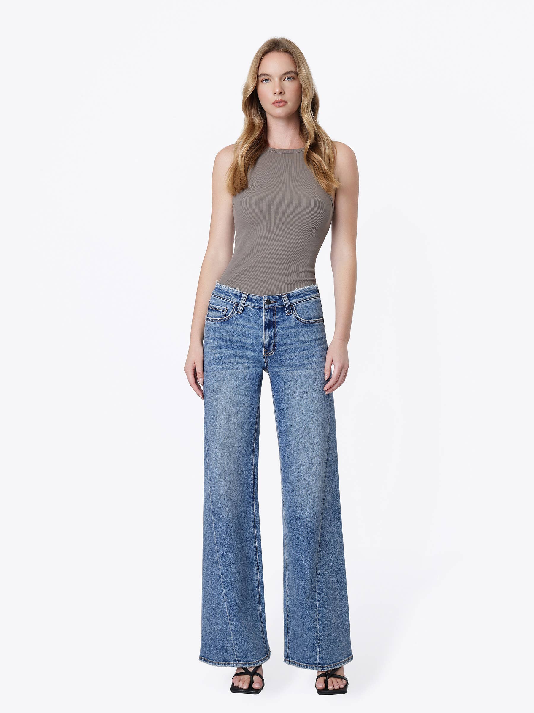 Mid Rise Distressed Waistband Twisted Wide Jeans