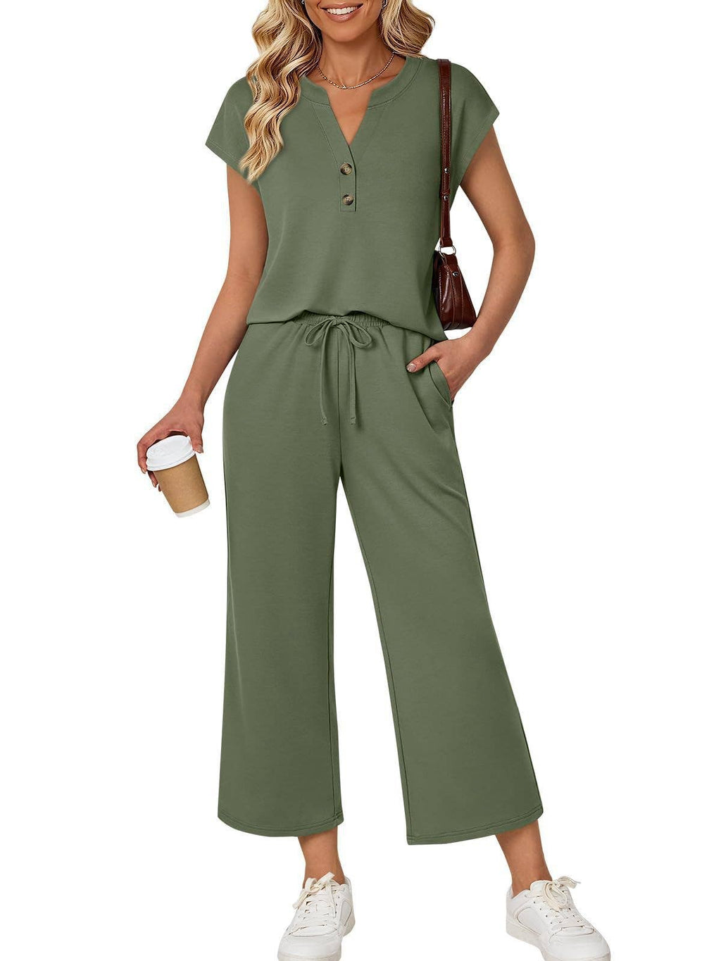 Button Front Short Sleeve Top and Wide Leg Pants Set