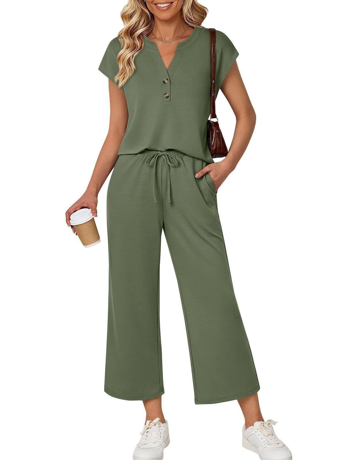 Button Front Short Sleeve Top and Wide Leg Pants Set